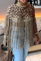 Casual Leopard Print Fringed Trim Turtleneck Outerwear