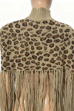 Casual Leopard Print Fringed Trim Turtleneck Outerwear