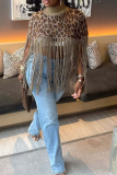 Casual Leopard Print Fringed Trim Turtleneck Outerwear