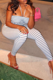 Sexy Stripe Contrast Halter Skinny Jumpsuits