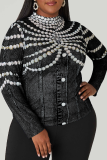 Casual Print Contrast O Neck Plus Size Tops