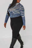 Casual Print Contrast O Neck Plus Size Tops