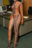 Sexy Print Hollow Out O Neck Skinny Jumpsuits