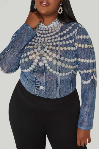 Casual Print Contrast O Neck Plus Size Tops