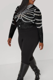 Casual Print Contrast O Neck Plus Size Tops