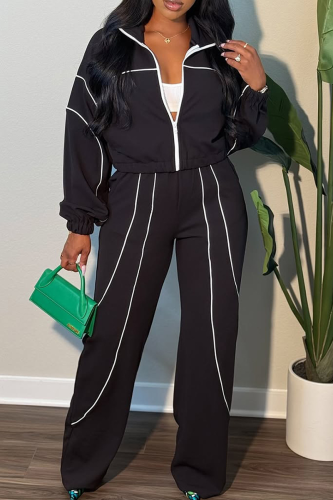 Casual Stripe Contrast Zipper Collar Long Sleeve Two Pieces