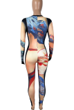 Casual Print Patchwork O Neck Skinny Jumpsuits