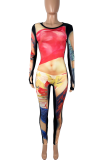 Casual Print Patchwork O Neck Skinny Jumpsuits
