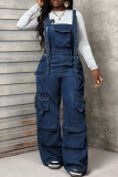 Casual Solid Color Pocket Sleeveless Loose Denim Jumpsuits