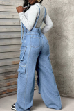Casual Solid Color Pocket Sleeveless Loose Denim Jumpsuits