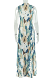 Elegant Print Ruched O Neck Long Dresses