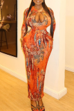 Sexy Print Hollow Out O Neck Long Dresses