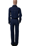 Casual Solid Color Buckle Turndown Collar Long Sleeve Regular Denim Jumpsuits