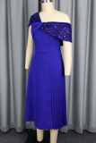Elegant Solid Color Sequins Oblique Collar Evening Dresses
