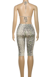 Sexy Snakeskin Print Backless Halter Sleeveless Two Pieces
