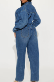Casual Solid Color Buckle Turndown Collar Long Sleeve Regular Denim Jumpsuits