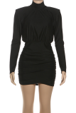 Sexy Solid Color Ruched Turtleneck Wrapped Skirt Dresses