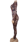 Sexy Leopard Print See-Through O Neck Skinny Jumpsuits