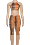 Sexy Snakeskin Print Backless Halter Sleeveless Two Pieces