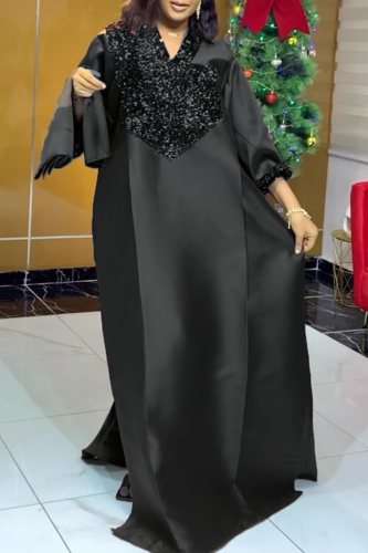 Casual Solid Color Sequins V Neck Long Dresses