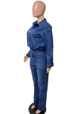 Casual Solid Color Buckle Turndown Collar Long Sleeve Regular Denim Jumpsuits