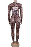 Sexy Leopard Print See-Through O Neck Skinny Jumpsuits