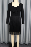 Elegant Solid Color Fringed Trim Square Neck Long Dresses