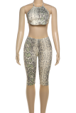Sexy Snakeskin Print Backless Halter Sleeveless Two Pieces
