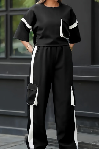 Casual Pocket Contrast O Neck Long Sleeve Two Pieces