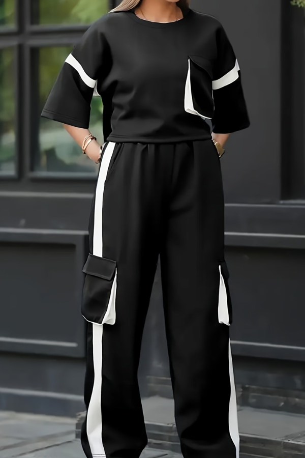 Casual Pocket Contrast O Neck Long Sleeve Two Pieces