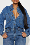 Casual Solid Color Buckle Turndown Collar Long Sleeve Regular Denim Jumpsuits