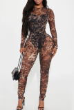 Sexy Leopard Print See-Through O Neck Skinny Jumpsuits