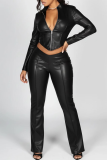 Casual Solid Color Zipper Zipper Collar Long Sleeve Two Pieces