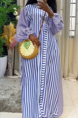 Casual Stripe Buckle Turndown Collar Long Dresses