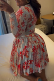 Casual Print Pleated O Neck Long Sleeve Two Pieces
