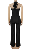 Sexy Solid Color Backless Halter Regular Jumpsuits
