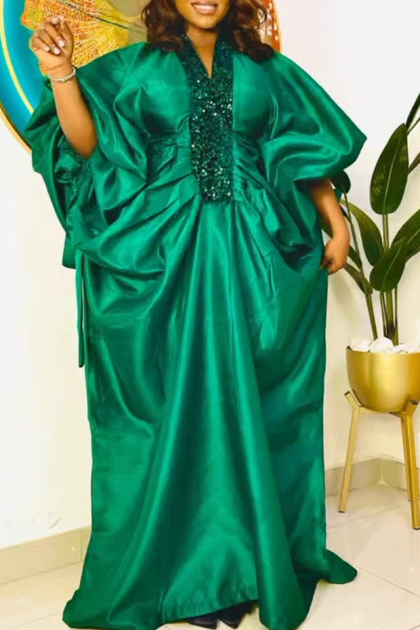 Casual Solid Color Sequins V Neck Long Dresses