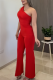 Casual Solid Color Patchwork Oblique Collar Regular Jumpsuits