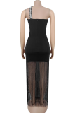 Sexy Solid Color Fringed Trim Hot Drill Strapless Strapless Dresses