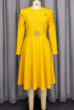 Elegant Solid Color Buttons O Neck A Line Dresses
