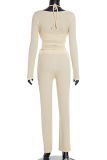 Casual Solid Color Patchwork Halter Long Sleeve Two Pieces