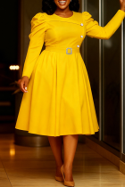 Elegant Solid Color Buttons O Neck A Line Dresses