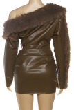 Sexy Solid Color Fluffy Oblique Collar Wrapped Skirt Dresses