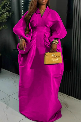 Casual Solid Color Ruched V Neck Long Dresses
