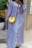 Casual Stripe Buckle Turndown Collar Long Dresses