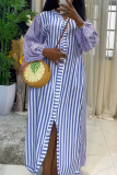Casual Stripe Buckle Turndown Collar Long Dresses
