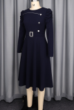 Elegant Solid Color Buttons O Neck A Line Dresses