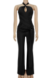 Sexy Solid Color Backless Halter Regular Jumpsuits