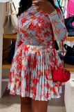 Casual Print Pleated O Neck Long Sleeve Two Pieces