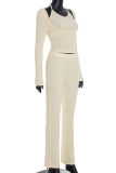 Casual Solid Color Patchwork Halter Long Sleeve Two Pieces